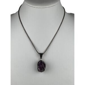 Sterling Silver Necklace 17.75" Snake Chain Amethyst Drusy Pendant